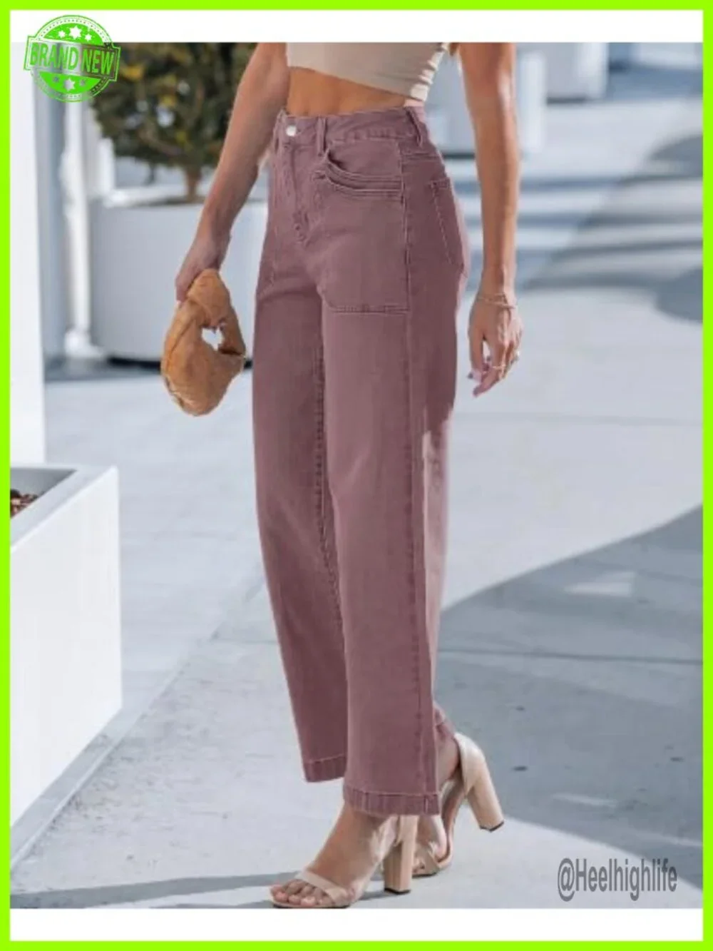 High Waisted Wide Leg Jeans with Patch Pockets Stretchy Denim Pants